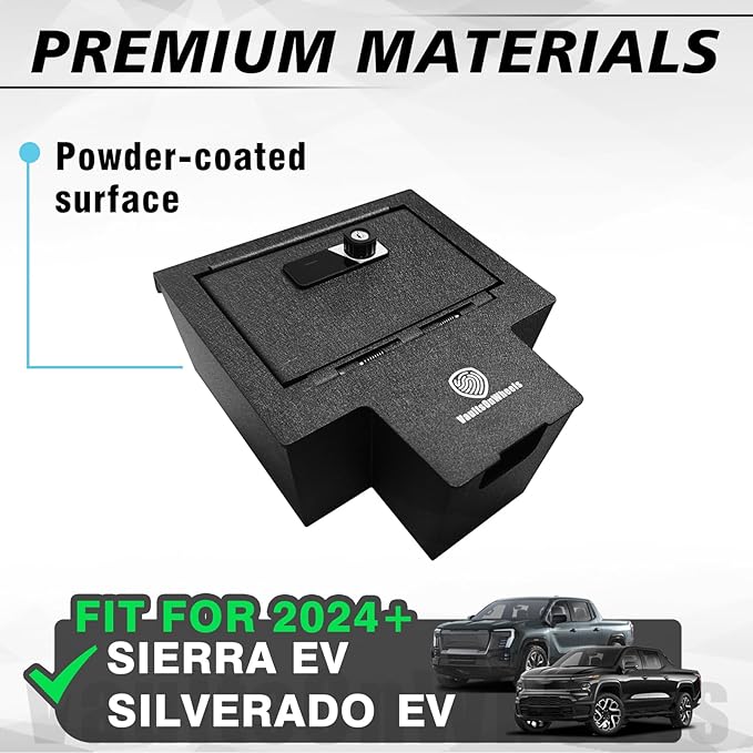 VaultsOnWheels for 2026 2025 2024 Chevrolet Silverado EV/GMC Sierra EV Center Console Safe Gun Safe Vault Hidden Console Storage LockBox Anti-Theft Pry-Proof High Security Biometric Fingerprint Lock