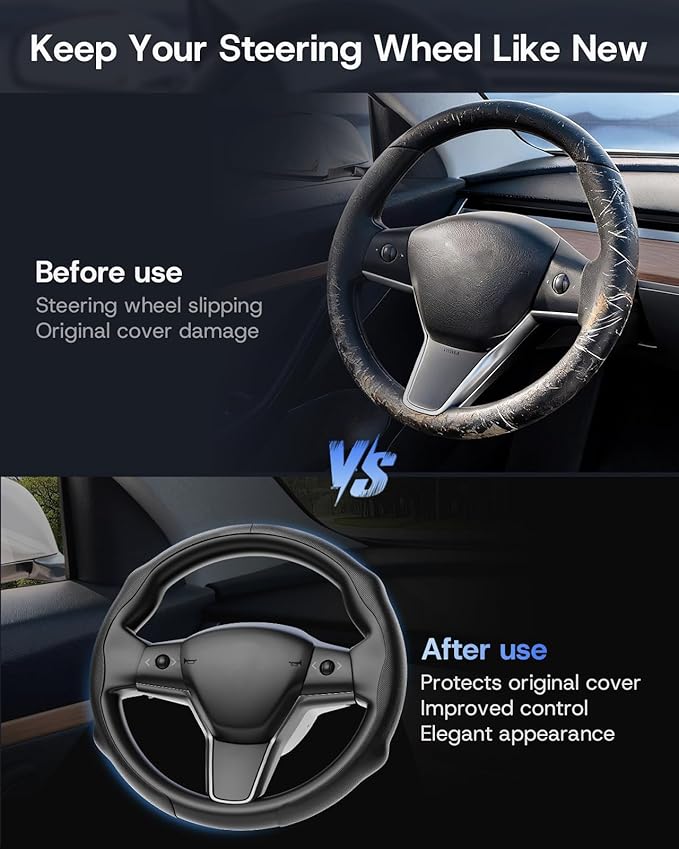 2026 Upgrade Snap-on Rigid Steering Wheel Cover for Tesla Model Y/3, [Nappa Leather & Perforated Breathable] 14.5" to 15" Hard Shell Steering Wheel Cover for Model Y/3 Accessories 2019-2026
