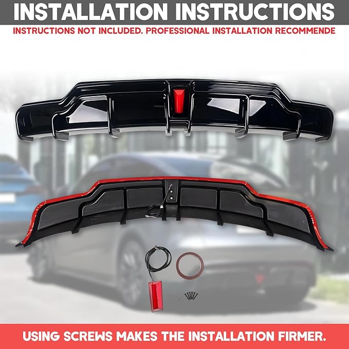 for 2017-2023 Tesla Model 3 Rear Diffuser w/LED Brake Light, Model 3 Rear Bumper Lip, Tesla Model 3 Diffuser Valance Panel Accessories (Gloss Black)
