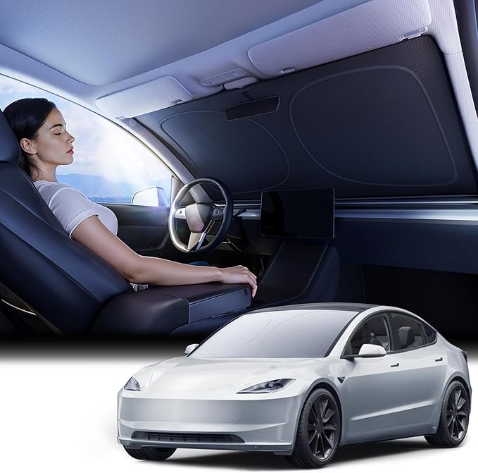 [2026 Upgraded] Nmoiss Model 3 Accessories Car Windshield Sun Shade [Dot Matrix Reflective Coating] Extended Edge No Light Leakage Design Cooling Protect Car Interior from UV Damage - Model 3