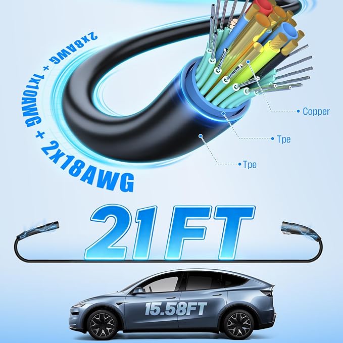 21ft 48A for Tesla Charger Extension Cable - UL Certified Heavy-Duty Silver-Plated NACS EV Extension Cord Compatible with Tesla Mobile Connector & Wall Charger, Model 3/Y/S/X/Cybertruck (Black)