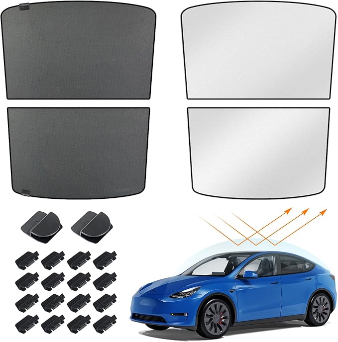 Tesla Model Y Sunroof Sunshade Glass Roof Sunshade Foldable Compatible with Tesla Model Y 2023 2022 2021 2020 Upgrade (4 Piece Set)