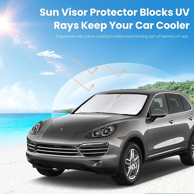 Custom Fit Cayenne Windshield Sunshade for 2019-2023 2024 2025 Upgrade Porsche Cayenne Front Window Sun Shades Shield Cover for Windshield Foldable 210T Sun Visor Protector Blocks UV Ray Accessories