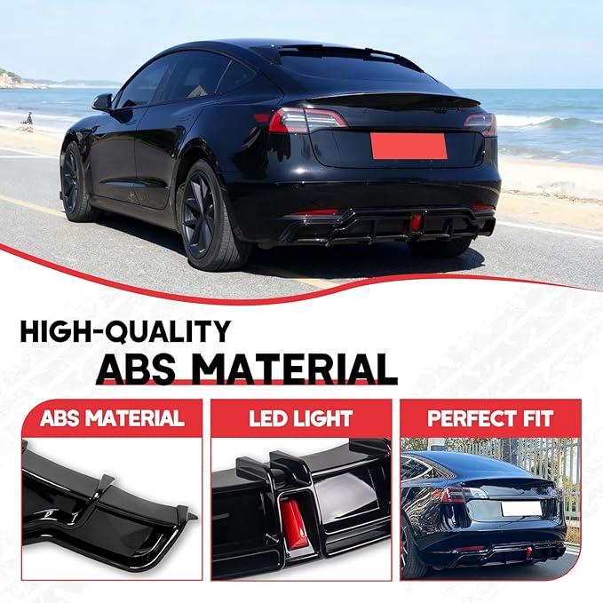 for 2017-2023 Tesla Model 3 Rear Diffuser w/LED Brake Light, Model 3 Rear Bumper Lip, Tesla Model 3 Diffuser Valance Panel Accessories (Gloss Black)