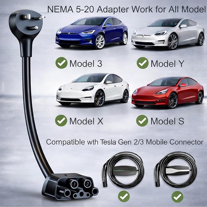 for Tesla NEMA 5-20 Adapter, Tesla Mobile Charger Adapter for Gen 2 and 3 ONLY, 240V Plug & 5-20 Outlet at 16 Amp 10-Inch