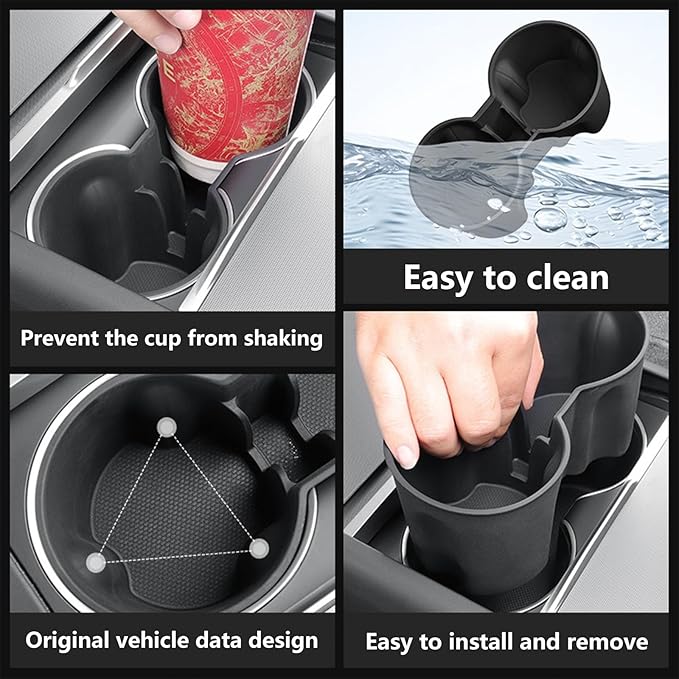 4PCS Center Console Wireless Charger Mat Silicone for 2025 2024 Tesla New Model 3 Highlan Cup Holder Insert, Screen Edge Protector Frame, Rear View Mirror Cover Decoration Accessories(Black)