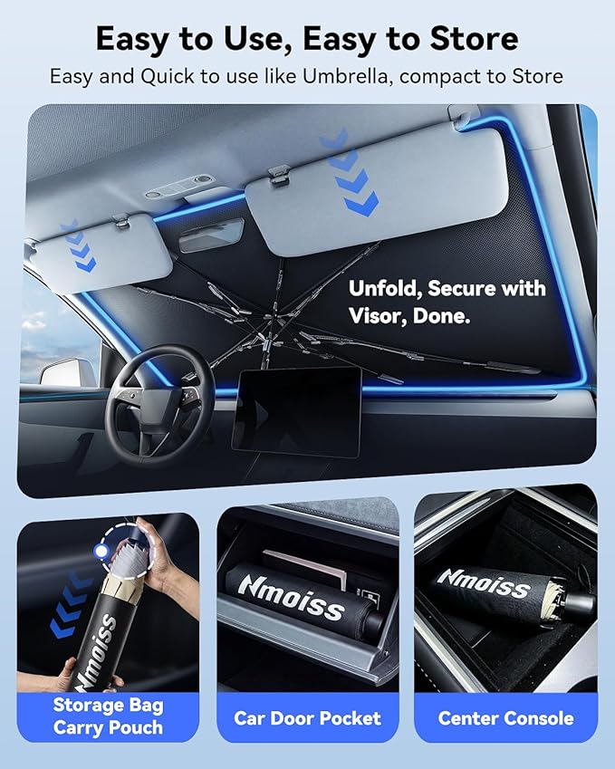 Nmoiss [Vinyl Coating Heat Shield] Windshield Sun Shade Umbrella Fit for Model Y 2020-2026 Include Juniper, Protect Car from Sun Rays & Heat Damage Keep Cool and Protect Interior, TeslaAccessories