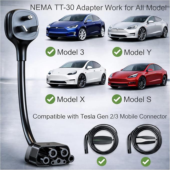for Tesla NEMA TT-30 Adapter, Tesla Mobile Charger Adapter for Gen 2 and 3 ONLY, 240V Plug & TT-30 Outlet at 24 Amp 10-Inch