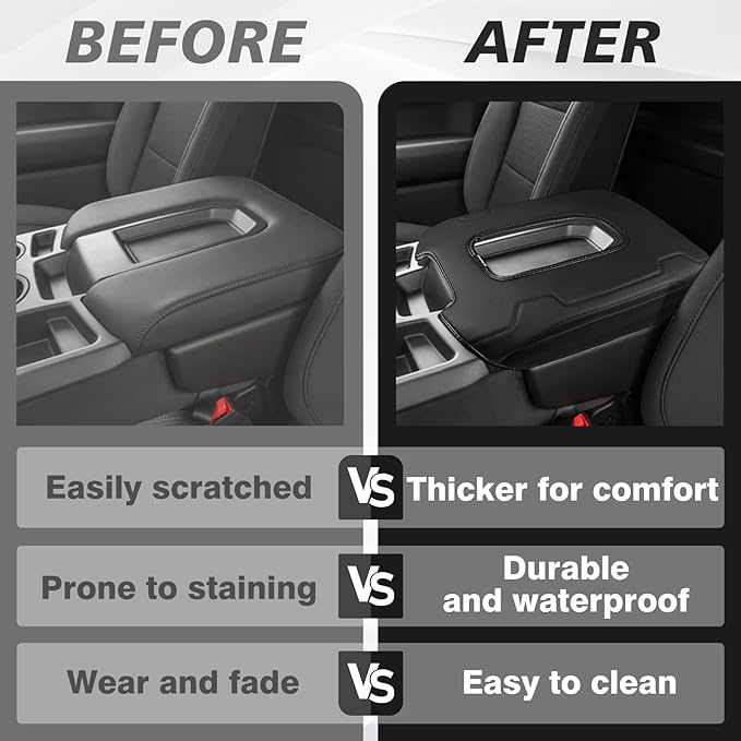 Muslogy Center Console Armrest Cover Fit for Chevy Silverado & GMC Sierra 2019-2026 Accessories, Comfort Armrest Pad Console Lid Cushion Vegan Leather Regular Thick(Split Bench Seat Console ONLY)
