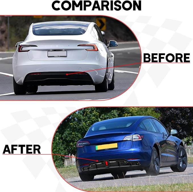 for 2017-2023 Tesla Model 3 Rear Diffuser w/LED Brake Light, Model 3 Rear Bumper Lip, Tesla Model 3 Diffuser Valance Panel Accessories (Carbon Fiber)