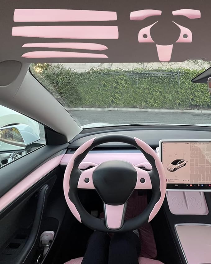 Pink Dashboard Cover and Front Door Cover Compatible with Tesla Model 3（2021-2023） and Model y（2019-2023 (Pink 9 Sets)