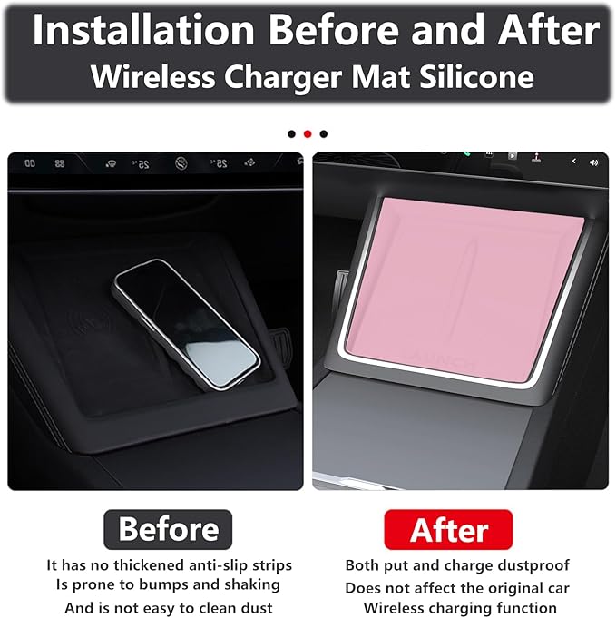 4PCS Center Console Wireless Charger Mat Silicone for 2025 2026 Tesla New Model Y Juniper Cup Holder Insert, Screen Edge Protector Frame, Rear View Mirror Cover Decoration Accessories(Pink)