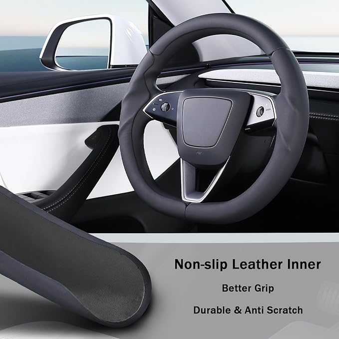Steering Wheel Cover for Tesla Model 3 2024-Present Highland/Tesla Model Y Juniper 2025-Present, Leather Steering Wheel Cover for Tesla Model 3 Highland/Y Juniper Accessories, Black