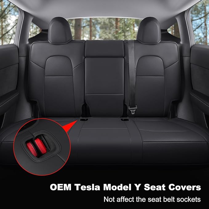 Tesla Model Y Car Seat Covers Nappa Leather Car Interior Seat Airbag Compatible Cushion Cover Full Set Custom Fit 2024 2023 2022 2021 2020, Nappa Black
