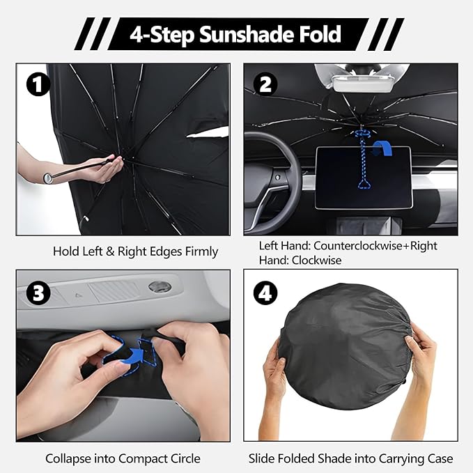 2025 Windshield Sunshade Fits All Tesla Model 3 & Y 2017-2025 Including Juniper Highland Reflective 240T Polyester Heat and UV Rays Windshield Sun Shade Foldable Tesla Interior Protection Accessory