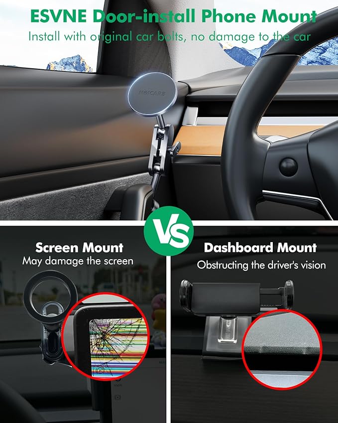 for Tesla Phone Mount,for Mag-Safe Door-Install Phone Holder, Compatible with Model Y (2025-2019) & Model 3 (2023-2017), Magnetic Car Phone Mount for iPhone 16/15/14/13/12, Tesla Accessories