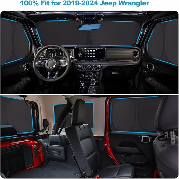 XCBYT 2019-2024 Wrangler Full Coverage Window Shades | 6-Layer Blackout Insulated Sun & UV Protection | Custom Fit Privacy Covers for Camping, Sleeping & Car Living (8 PCS)