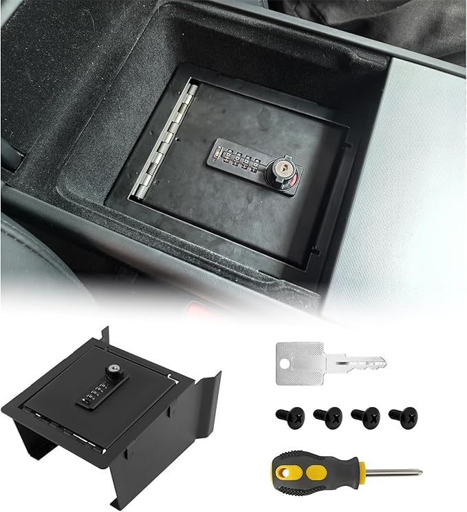 Center Console Safe Organizer Compatible with 2025 2026 Tesla Model Y Juniper & Model 3 Highland Armrest Lock Box Secure Vehicle Accessories with 4-digit Lock with Password Retrieval Key