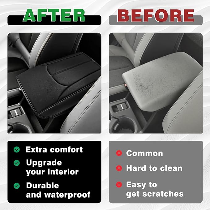 Muslogy Center Console Armrest Cover Fit for Subaru Forester 2025 Accessories, Comfort Armrest Pad Console Lid Cushion Vegan Leather Regular Thick (Black/Gray Stitching)