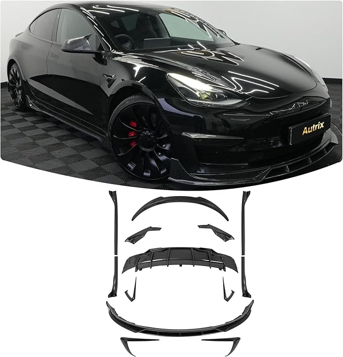 Full Body Kit for Tesla Model 3 2017-2023, Aero Package Front Lip, Rear Diffuser, Side Skirts, Spoiler, Fog Light Covers Performance Styling Carbon Fiber Printed