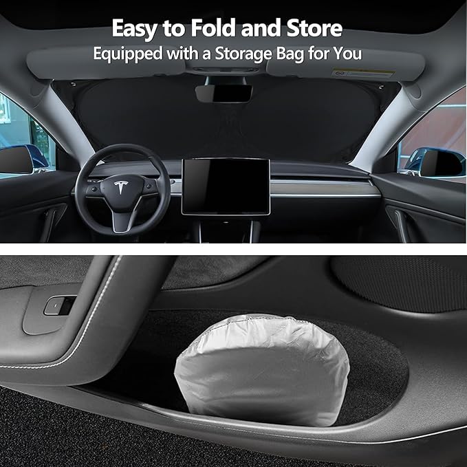 Tesla Model Y Sunshade Windshield Upgraded Foldable Sunshade Front Window Sun Shade Full Cover Full-Size Foldable Front Sun Shade UV Protection Fabric 2025 New Model Y Refresh (Juniper) (White)