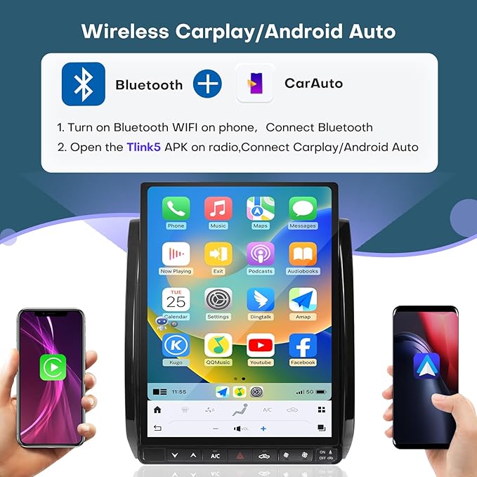 Qualcomm Car Radio for Toyota Tacoma 2005-2015 Stereo Upgrade Wireless CarPlay/Android Auto 8+128G 13.8 Inch Tesla Style 2K Touch Screen with DSP GPS 4G WiFi FM/AM SWC Support Factory Backup Camera