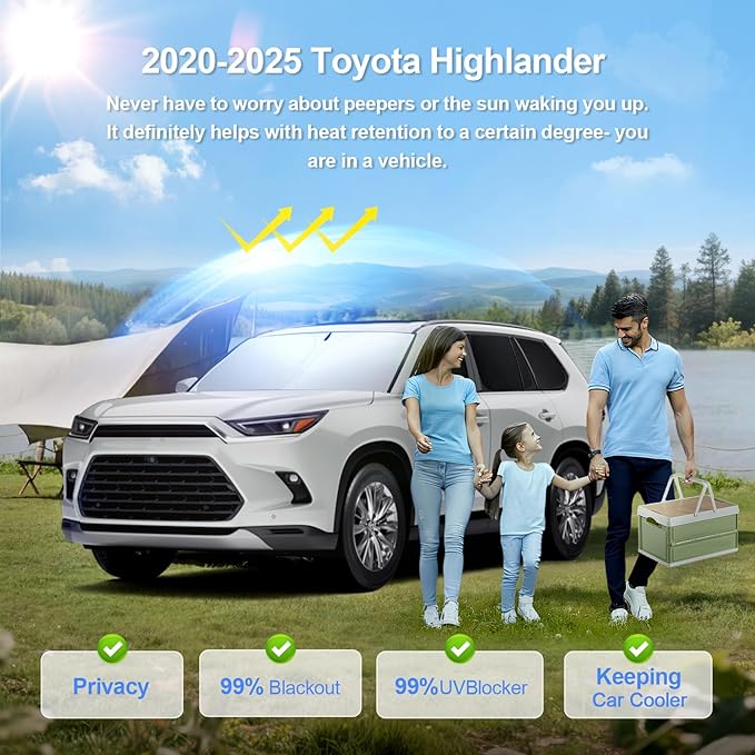 8pcs Car Window Shades for Toyota Highlander 2020-2025 Accessories,Windshield Side Rear Full Sunshade,Sun Visor UV Blocking, Privacy Protection and Blackout for Camping Outdoor