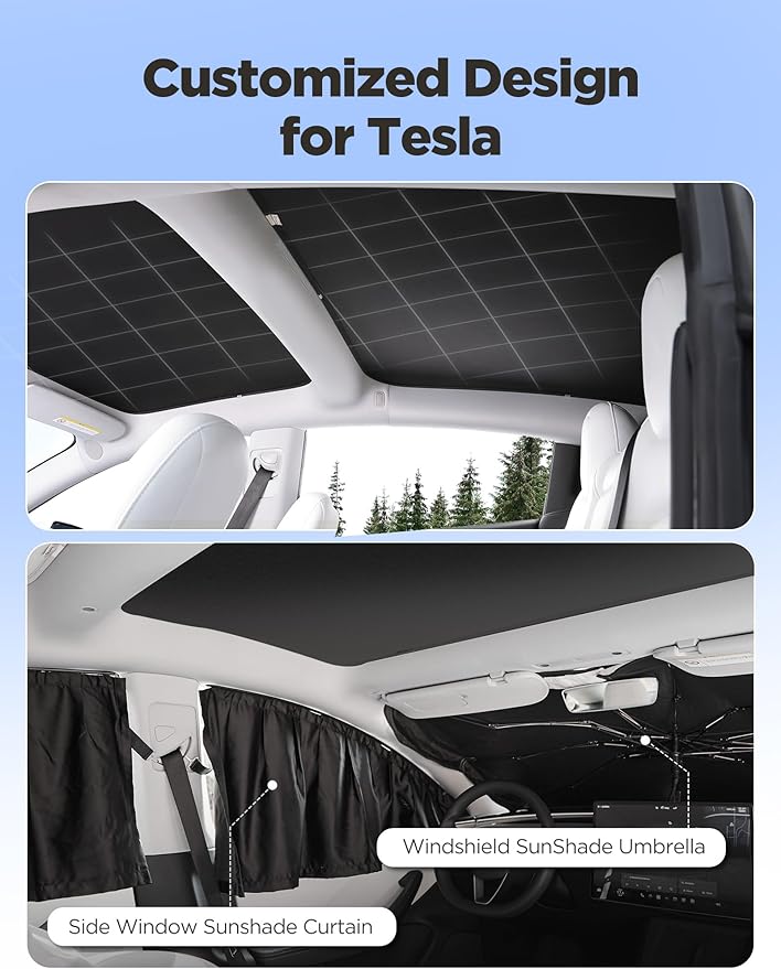 TPARTS Glass Roof Sunshade for Tesla Model 3 Highland 2024-2026(Premium/Performance) Foldable Reflective Sunroof Cover Heat Insulating UV Blocking Interior Accessories [No Sagging]- Set of 2 (Black)