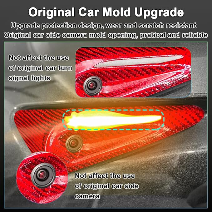 Carbar Dry Carbon Fiber Tesla Side Camera Cover for Model 3 Highland 2024 & Model Y Juniper 2025 - HW4.0 Compatible 3D Texture Accessories 360° Full Cover Protection