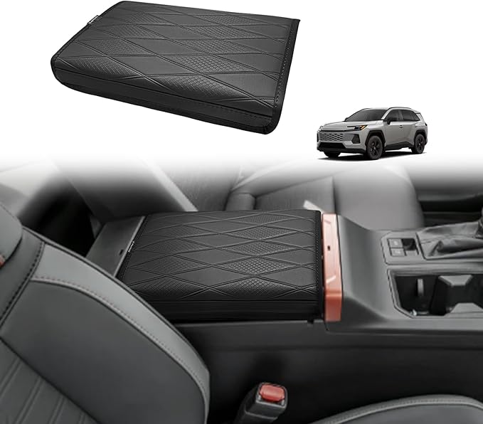 Muslogy Center Console Armrest Cover Compatible with 2026 Toyota RAV4 Accessories Comfort Armrest Pad Arm Rest Cushion Vegan Leather Protector Regular Thick(V2 Diamond Pattern)