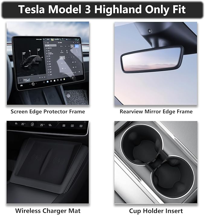 4PCS Center Console Wireless Charger Mat Silicone for 2025 2024 Tesla New Model 3 Highlan Cup Holder Insert, Screen Edge Protector Frame, Rear View Mirror Cover Decoration Accessories(Black)
