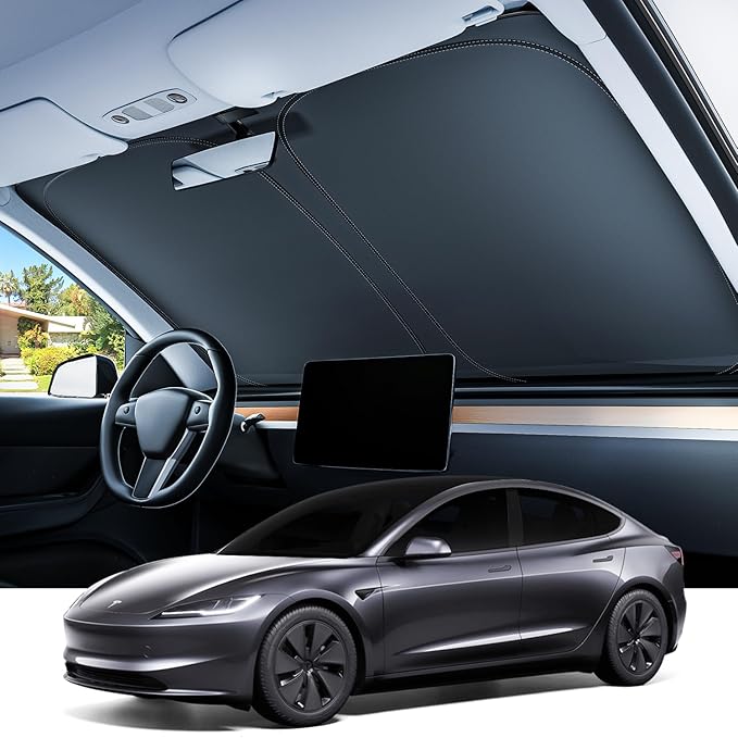 REEVAA Upgraded Tesla Model 3 Highland Sunshade Windshield [Tailored Fit, 99% Sun Protection] Foldable and Easy-Use Sunshade Accessories with Storage Bag Fit Model 3 2016-2025, Silver Coating