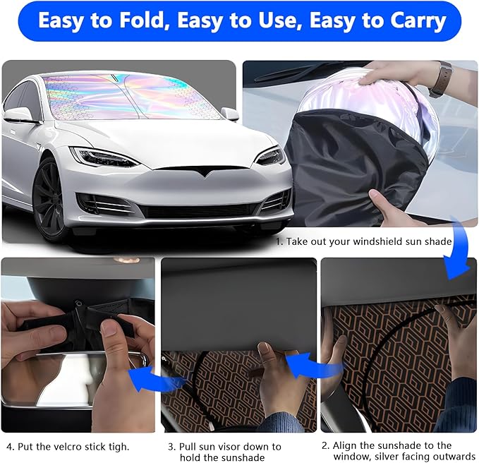 Iridescent Windshield Sun Shade Custom Fit Tesla Model 3/Y, Upgrade 5 Layers 480T Laser Titanium Silver Window Car Sunshade, Mirror Cut-Out, Rhombus Lattice Shades for Front Window, Block UV Rays Heat