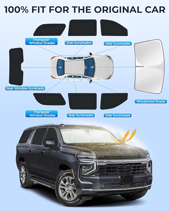 for Chevrolet Suburban 2021-2026 Car Window Shades, 8pcs Privacy Sun Shade Set for Front Windshield Side and Rear Windows, Full Window Covers Keeps Vehicle Cool for Camping Napping
