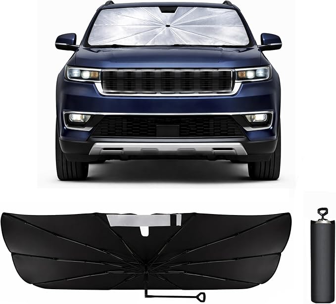2026 Upgraded Car Windshield Sun Shade Umbrella - Custom-Fit for Jeep Wagoneer 2022-2026 Umbrella Sunshade,Easy Install,UV Protection & Heat Reflective,Keep Interior Cooler with Storage Bag