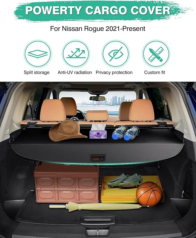 Powerty Cargo Cover for Nissan Rogue 2026 2021-2025 Platinum S SL SV, Trunk Cover Retractable Trunk Shielding Shade Rogue Accessories Cargo Luggage Cover No Gap(Not for Rogue Sport)