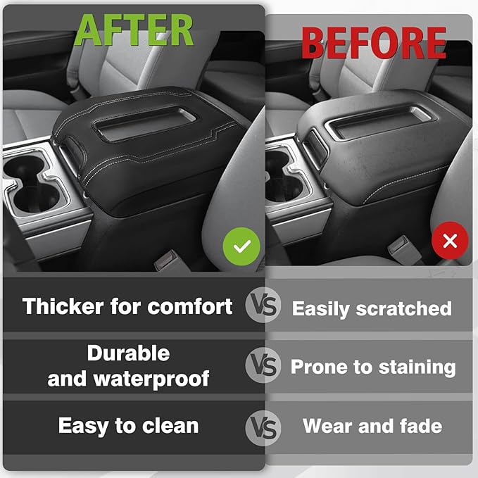 Muslogy Center Console Armrest Cover Fit for Chevy Silverado & GMC Sierra 1500 2500 3500 2014-2018 Accessories, Comfort Armrest Pad Console Lid Cushion Vegan Leather Regular Thick(Bucket Seat ONLY)