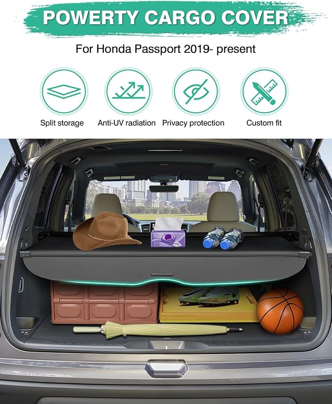 Powerty Cargo Cover for 2019-2024 2025 Honda Passport Accessories Trunk Cover Retractable Trunk Shielding Shade Cargo Luggage Cover