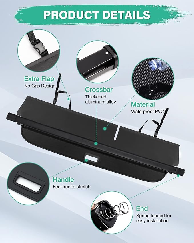 Powerty Cargo Cover for 2014 2015 2016 2017 2018 Jeep Cherokee Accessories Trunk Cover Retractable Trunk Shielding Shade Cargo Luggage Cover No Gap (Not for Grand Cherokee or Latitude)