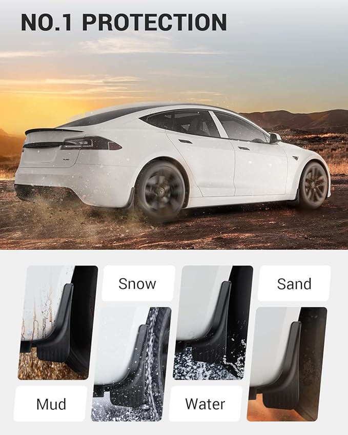 BASENOR 2021-2026 Tesla Model S 2021-2025 Model S Plaid Mud Flaps Splash Guards [No Drilling No Tape] [10X Stronger] All Weather Tire Protector Mudflaps for Model S Exterior Accessories