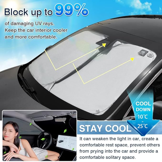 Karltys Front Windshield Sun Shade for 2017-2026 Tesla Model 3, Foldable Window Sunshade Custom Fit Model 3 Highland, 240T Reflective Sun Shade Visor Protector Blocks UV Rays Keep Car Cool