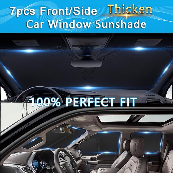 KMF 7pcs Thicken Sun Shades for Tesla Model 3 Accessories 2018-2024, Car Window Covers Sunshade for Windshield Side, UV Block Visor and Privacy Blackout for Camping Outdoor