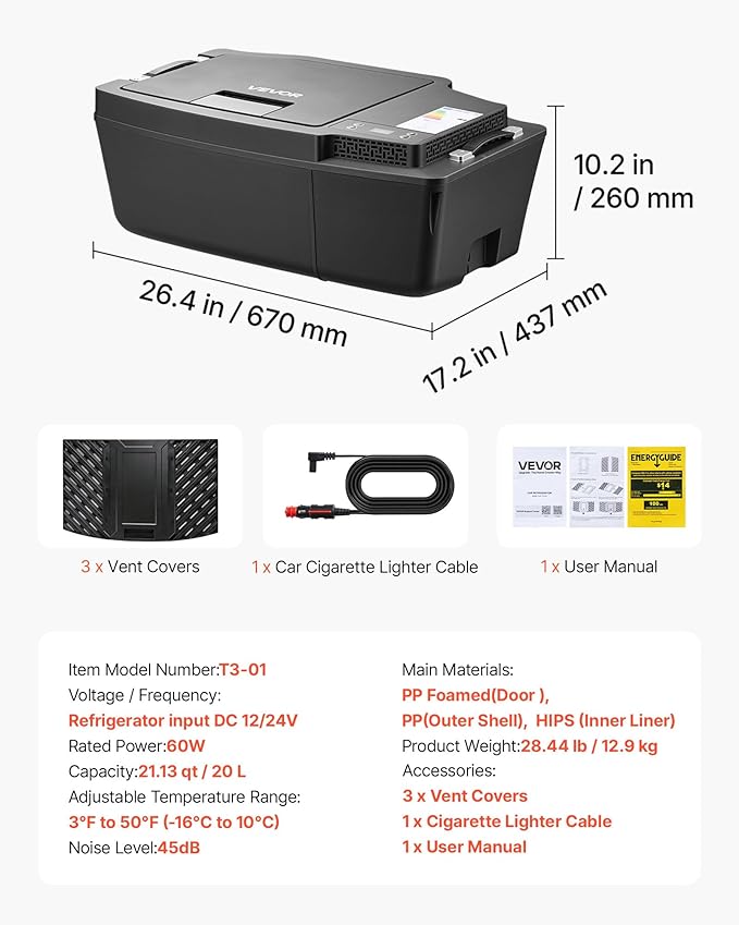 VEVOR 12 Volt Refrigerator, 21.1 QT/ 20L Car Fridge for Tesla Model 3, Portable Electric Freezer Compressor with APP Control, 12V/24V DC, 3℉ to 50℉