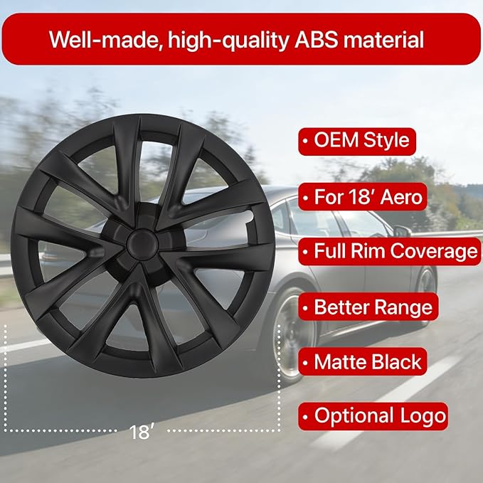KAVANIC 4PCS Hubcaps Fits for Tesla Model 318 Inch Hubcap Matte Black Support Logo Long Range Arachnid Style for Model 3 2017-2023 18" Aero Wheel Cover Rim Protector (RWD/AWD)