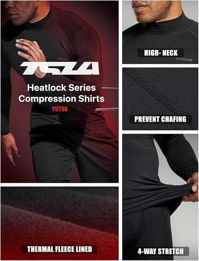 TSLA Men's Thermal Long Sleeve Compression Shirts, Mock/Turtleneck Winter Sports Running Base Layer Top