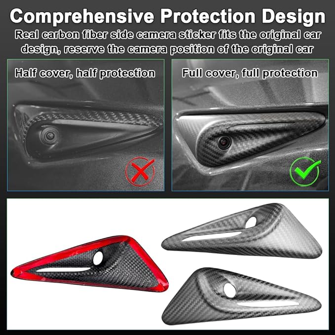 Carbar Real Carbon Fiber Side Camera Cover for Tesla Model 3 2024 Highland 2025 Model Y Juniper HW4.0 Turn Signal Full Protection Accessories (2PCS Black Matte Carbon Fiber Full Cover)