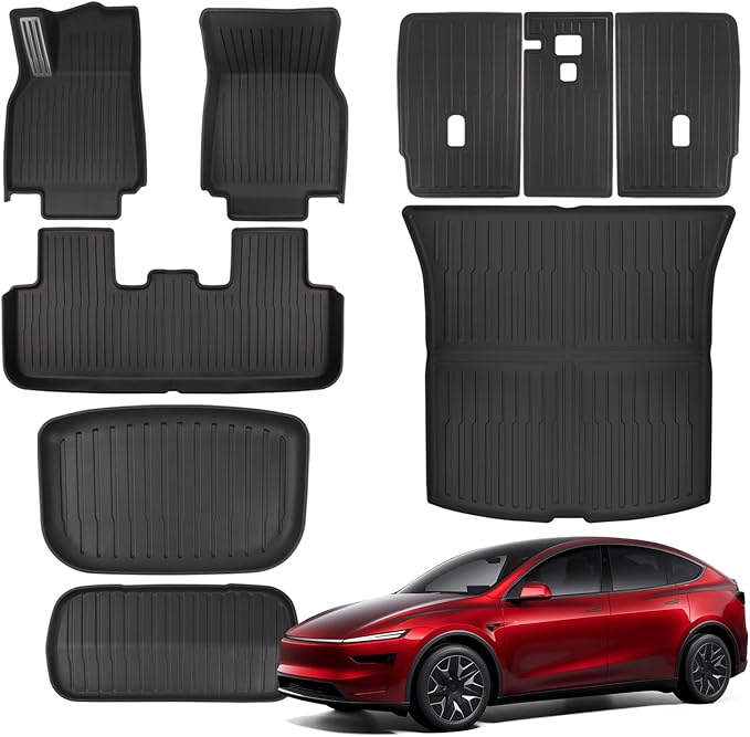 TPE Floor Mats fit for Tesla Model Y Juniper 2025 2026 All Weather TPE Cargo Liner Cargo Trunk Accessories and Cargo Trunk Mats Front Rear Cargo Mat Full Set