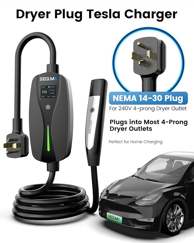 SEGUMA Level 2 Tesla Charger-24Amp 240V, NEMA 14-30 Plug, 25FT Extension Cable, Adjustable Current (10-24A)-Portable Home Mobile EV Charger for Model Y/X/3/S/Cybertruck, Fit 4-Prong Dryer Outlet