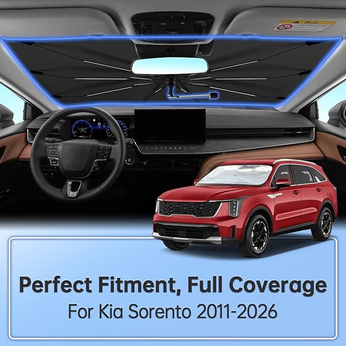 Windshield Sun Shade Umbrella for Kia Sorento 2021-2026, Foldable Car Sunshade for Front Window, Highly Reflective Auto Sun Shield Visor for UV Protection, Keep Car Cool Accessories