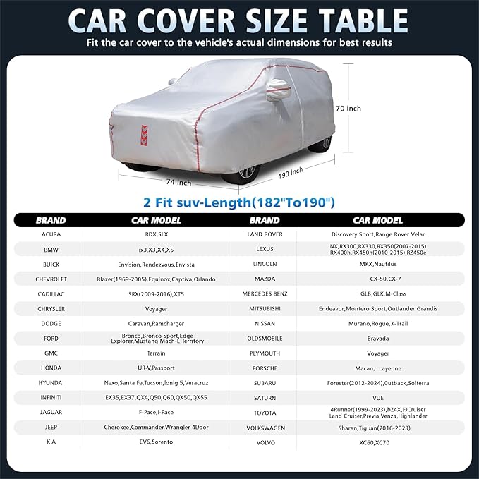SUV Car Cover, 360° Underbody Wrap Design, All-Weather Waterproof Car Cover, Suitable for SUV Vehicle Body Length 182 to190 in